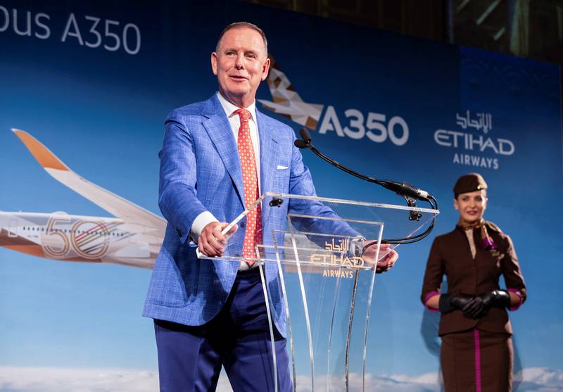 Tony Douglas, group chief executive of Etihad Airways, announces the expanded services at an event in New York. Photo: Etihad