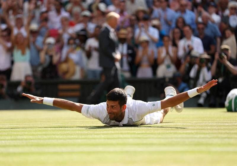 Novak Djokovic celebrates after beating Nick Kyrgios in the final of Wimbledon at the All England Lawn Tennis and Croquet Club in London, on July 10, 2022. Reuters