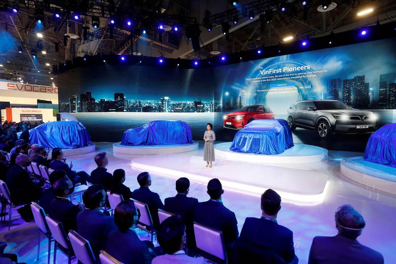 Le Thi Thu Thuy, vice chairwoman of the Vingroup and VinFast global chief executive speaks during the unveiling of a line of electric SUVs at CES 2022. Reuters