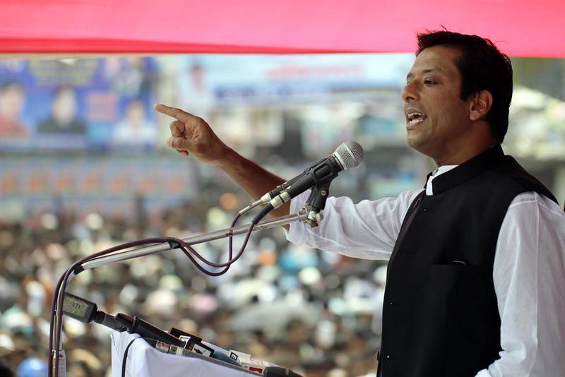 Sajeeb Wazed Joy, 42, the son of Bangladeshi prime minister Sheikh Hasina and the heir to her political dynasty, gives a speech at an election campaign rally in Tongi, near Dhaka. A M Ahad / AP Photo