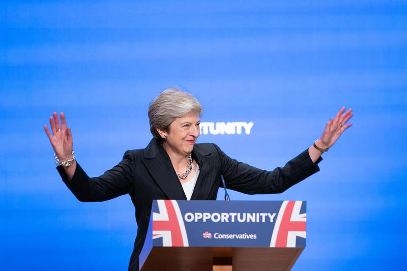 BIRMINGHAM, ENGLAND - OCTOBER 03:  British Prime Minister Theresa May delivers her leader's speech during the final day of the Conservative Party Conference at The International Convention Centre on October 3, 2018 in Birmingham, England. Theresa May delivered her leader's speech to the 2018 Conservative Party Conference today. Appealing to the 'decent, moderate and patriotic', she stated that the Conservative Party is for everyone who is willing to 'work hard and do their best'. This year's conference took place six months before the UK is due to leave the European Union, with divisions on how Brexit should be implemented apparent throughout. (Photo by Christopher Furlong/Getty Images)