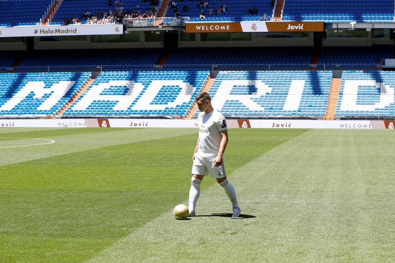 Luka Jovic is presented as a Real Madrid player inside the Santiago Bernabeu. EPA