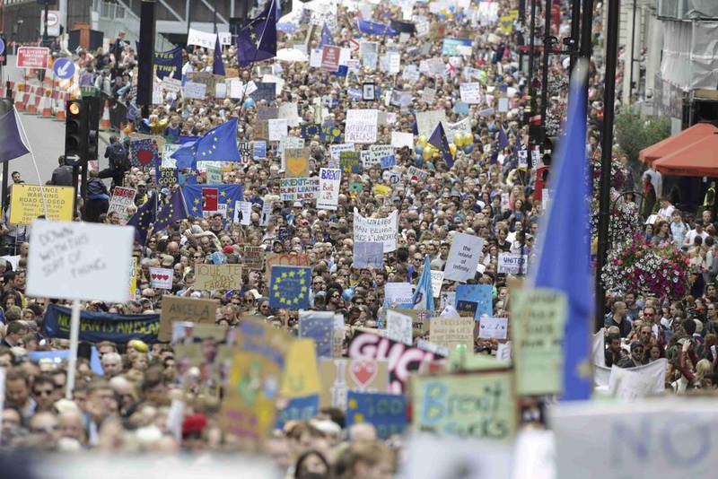 Thousands with banners and European Union flags march through London to protest against Brexit on July 2, 2016.  Paul Hackett / Reuters 
