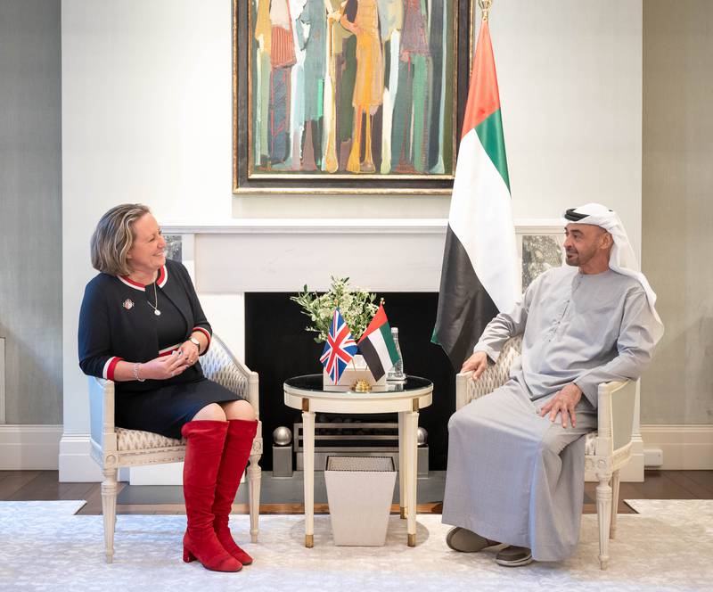 Sheikh Mohamed bin Zayed Al Nahyan, Crown Prince of Abu Dhabi and Deputy Supreme Commander of the UAE Armed Forces meets with The Rt Hon Anne-Marie Trevelyan, Secretary of State for International Trade. Ministry of Presidential Affairs