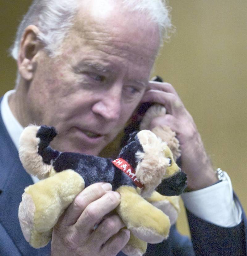 Vice President Joe Biden gives the fourth grade class a stuffed dog with his German Shepherd's name on it, \"Champ\" during a visit to Alexander D. Goode Elementary School in York October 18, 2011.101811 Pmk Biden