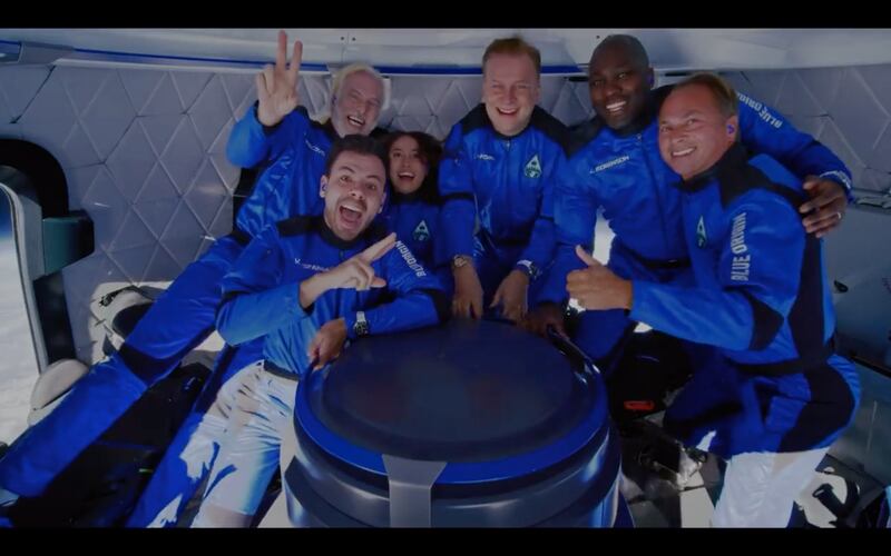 Mr Harding and five other passengers experience weightlessness during the Blue Origin flight. Photo: Blue Origin