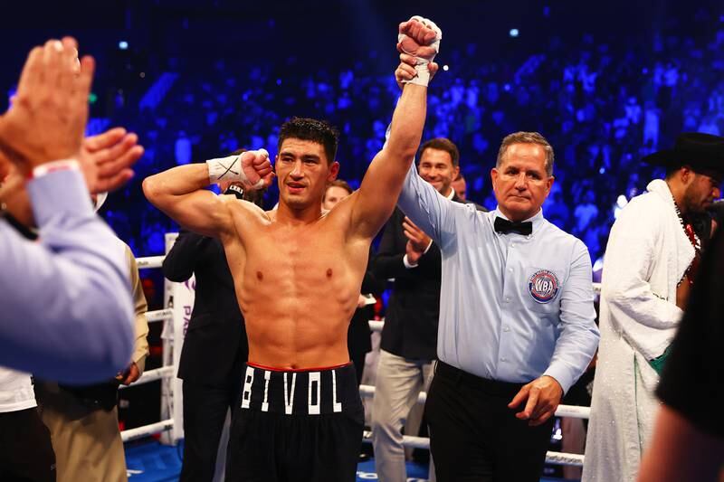 ABU DHABI, UNITED ARAB EMIRATES - NOVEMBER 05: Dmitrill Bivol celebrates victory after the WBA Super World Light Heavyweight Title fight between Dmitrii ivol and Gilberto Ramirez  at Etihad Arena on November 05, 2022 in Abu Dhabi, United Arab Emirates. (Photo by Francois Nel / Getty Images)