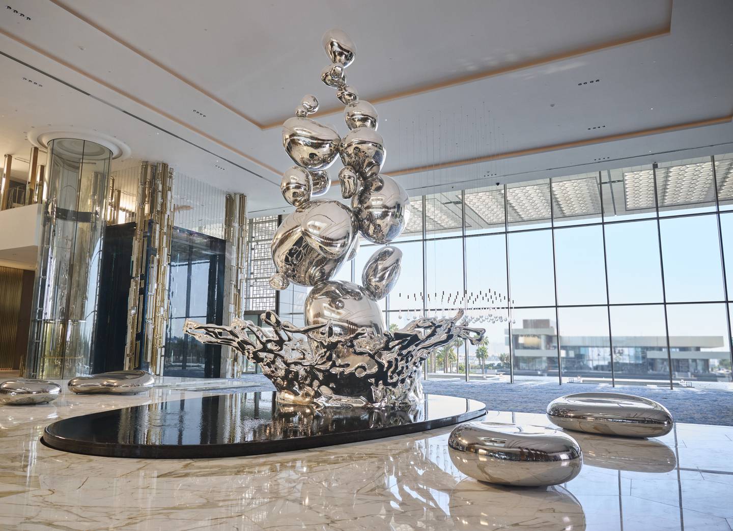 At 11.5 metres tall and consisting of 5.5 tonnes of stainless steel, Droplets is the focal piece of the lobby at Atlantis The Royal, in Dubai. Getty