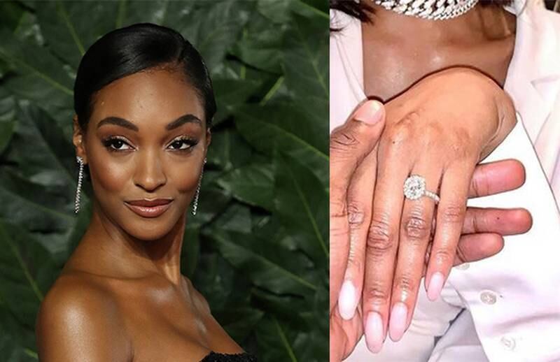 Jourdan Dunn's engagement ring is a diamond stone with a diamond halo on a delicate band