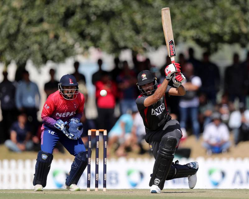 Dubai, United Arab Emirates - January 31, 2019: CP Rizwan of the UAE bats in the the match between the UAE and Nepal in an international T20 series. Thursday, January 31st, 2019 at ICC, Dubai. Chris Whiteoak/The National
