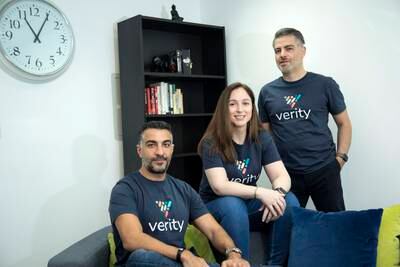 Kamal Al Samarrai (left), Dina Shoman and Omar Sharif, the co-founders of Verity, are aiming to help youth learn smart money skills in a real-time environment. Ruel Pableo / The National