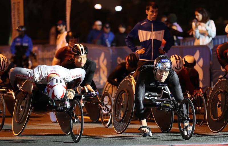 DUBAI, UNITED ARAB EMIRATES , Jan 24  – 2020 :- Athletes at the starting point before the start of  wheelchair race  during the Standard Chartered Dubai Marathon 2020 held on the Umm Suqeim Road in Dubai. ( Pawan  Singh / The National ) For News/Online/Instagram.