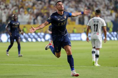 Cristiano Ronaldo celebrates scoring for Al Nassr against Al Shabab. AFP