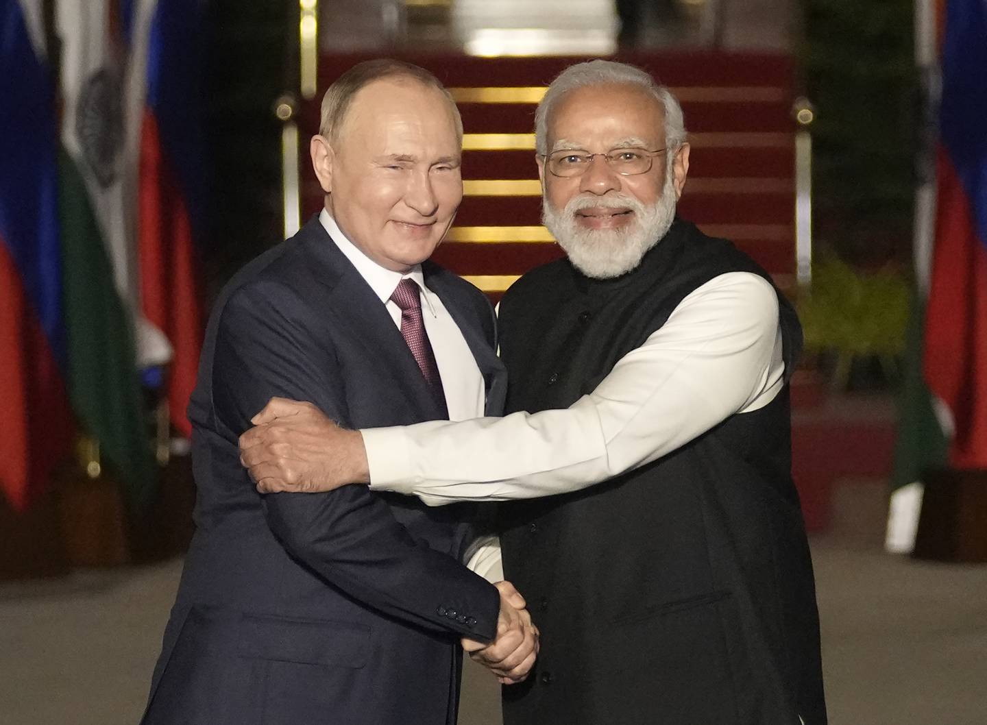 Russian President Vladimir Putin and Indian Prime Minister Narendra Modi before a meeting in New Delhi in December, 2021. AP Photo