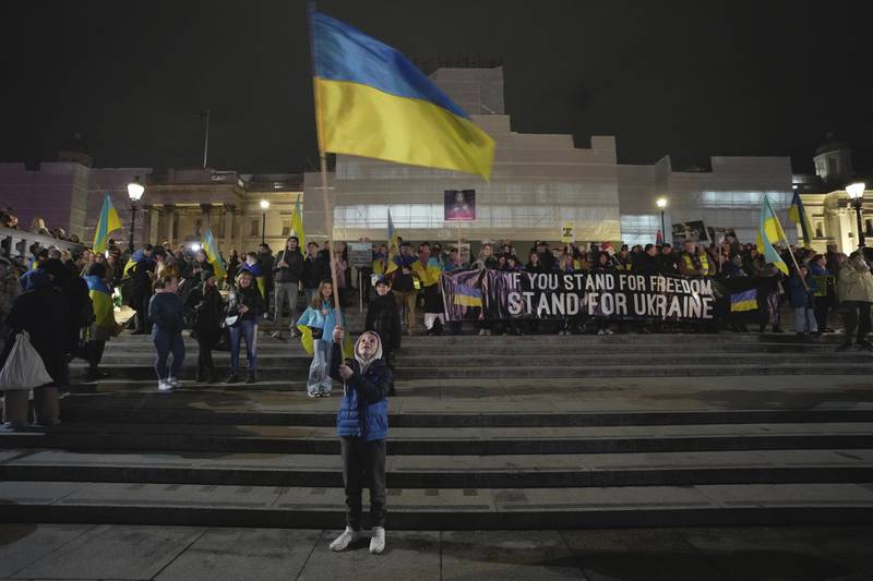 The Trafalgar Square vigil organised by the Ukrainian and US embassies in London for the one-year anniversary of the Russian invasion. AP