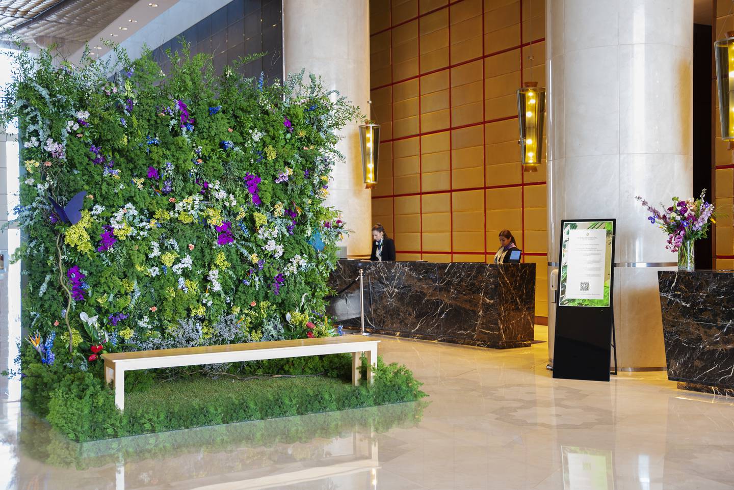 The hotel lobby has a 10-foot wall of floral beauty; the smell of fresh flowers makes for a wonderful entrance. Photo: InterContinental Dubai Festival City