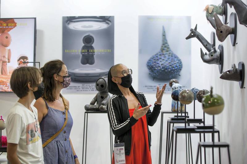 Dubai, United Arab Emirates - Artist  Griet Van Den Auwelant showing her artworks to the visitors at the World Art Dubai at Dubai World Trade Centre.  Leslie Pableo for The National for Razmig's story