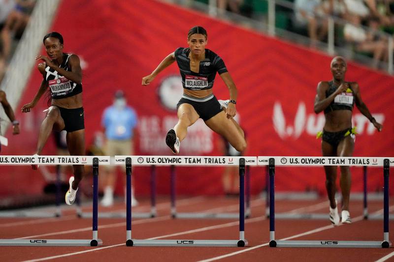 Sydney McLaughlin sets a new world record in the finals of the women's 400-meter hurdles at the U.S. Olympic Track and Field Trials Sunday, June 27, 2021, in Eugene, Ore.(AP Photo/Ashley Landis)