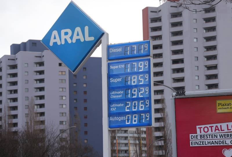 A petrol station in Berlin, Germany. Inflation in the eurozone hit a 40-year high last year, driven by a 41.9 per cent jump in energy costs. Getty Images