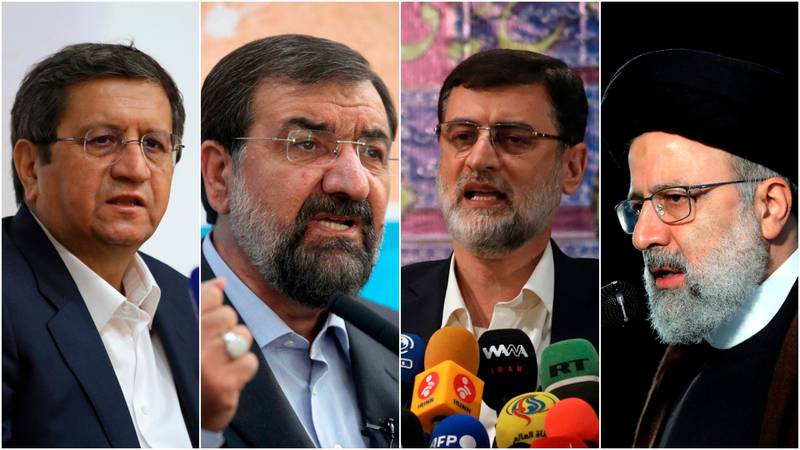 This combination of four photos shows candidates for the June 18, 2021, Iranian presidential elections from left to right; Abdolnasser Hemmati, Mohsen Rezaei, Amir Hossein Ghazizadeh Hashemi and Ebrahim Raisi. Iranians will vote Friday on who should be the country's next president amid tensions with the West over its tattered nuclear deal with world powers. (AP Photo)