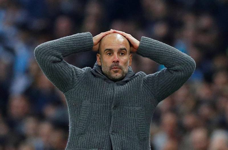 Manchester City manager Pep Guardiola reacts after Raheem Sterling's goal is ruled out for offside. Reuters