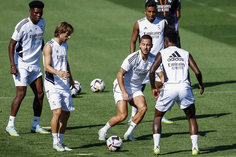 Real Madrid's Aurelien Tchouameni, left, Luka Modric and Eden Hazard train on Saturday. EPA