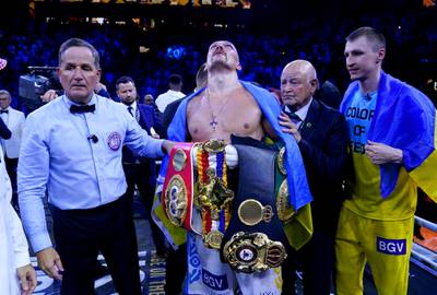 Oleksandr Usyk after retaining his world heavyweight titles in a split decision against Anthony Joshua at the King Abdullah Sport City Stadium in Jeddah, Saudi Arabia. PA