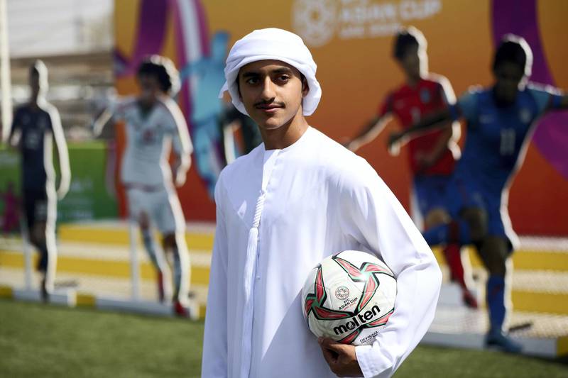Al Ain, United Arab Emirates - October 22, 2018: Al Ain player Rayan Yaslam. School children take part in different activities to promote the AFC Asian Cup. Monday, October 22nd, 2018 at Hazza Bin Zayed Stadium, Al Ain. Chris Whiteoak / The National