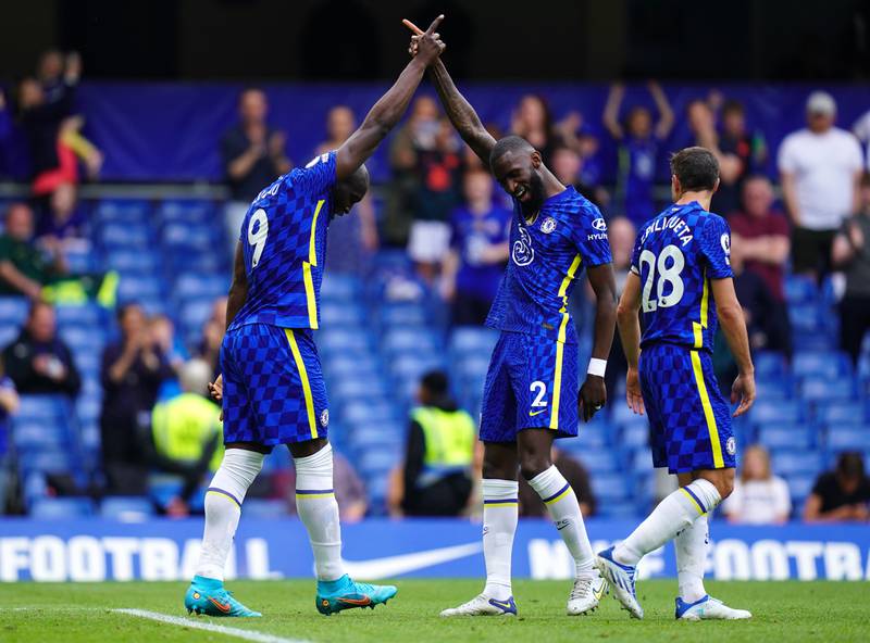 Chelsea's Romelu Lukaku, left, celebrates scoring against Wolverhampton Wanderers at Stamford Bridge on Saturday, May 7, 2022. PA