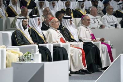 ABU DHABI, UNITED ARAB EMIRATES - February 4, 2019: Day two of the UAE papal visit - HH Sheikh Tahnoon bin Mohamed Al Nahyan, Ruler's Representative in Al Ain Region (L), HH Lt General Sheikh Saif bin Zayed Al Nahyan, UAE Deputy Prime Minister and Minister of Interior (2nd L) and HH Sheikh Hamed bin Zayed Al Nahyan, Chairman of the Crown Prince Court of Abu Dhabi and Abu Dhabi Executive Council Member (2nd R), attend the Human Fraternity Meeting, at The Founders Memorial.
( Rashed Al Mansoori / Ministry of Presidential Affairs )
---