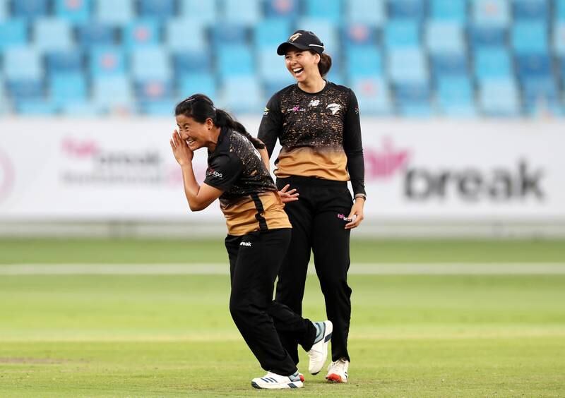 Tornadoes bowler Sita Rana celebrates taking the wicket of South Coast Sapphires' Gaby Lewis at the FairBreak Invitational in Dubai on Thursday, May 5, 2022. All images by Chris Whiteoak / The National