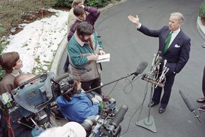 US Senator Joseph Biden, D-Del., speaks to reporters after meeting with US President Bill Clinton at the White House on February 10, 1995 to discuss Dr. Henry Foster's nomination for surgeon general. - Calling Clinton's choice a "political blunder in teh extreme", Biden told reporters that the president should withdraw the nomination and move on. (Photo by David AKE / AFP)