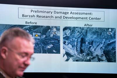 A damage assessment graphic appears behind Joint Staff director Marine Lt. Gen. Kenneth F. McKenzie Jr. as he speaks to the media about the US-led bombing campaign against Syria inside the Pentagon briefing room in Arlington, Virginia, USA, 14 April 2018. The US, France, and Britain launched strikes against Syria early Saturday morning in response to Syria's suspected chemical weapons attack.  EPA/JIM LO SCALZO
