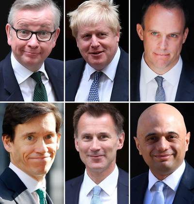 A combination of pictures created in London on June 14, 2019 shows the six contenders left in the race for leader of the Conservative party (top L-R) Britain's Environment, Food and Rural Affairs Secretary Michael Gove, former foreign secretary Boris Johnson, Former Brexit Secretary Dominic Raab (bottom L-R) Britain's International Development Secretary Rory Stewart, Britain's Foreign Secretary Jeremy Hunt and Britain's Home Secretary Sajid Javid.

  The field of contenders vying to become Britain's next prime minister narrowed to six today when Health Secretary Matt Hancock withdrew from the contest. / AFP / STF
