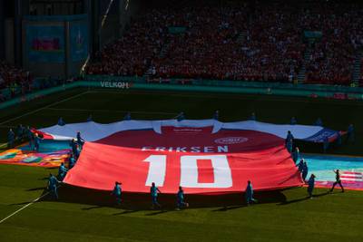 A large replica Denmark shirt with Christian Eriksen, Number Ten is displayed on the pitch prior to the UEFA Euro 2020 Championship Group B match between Denmark and Belgium. Getty Images