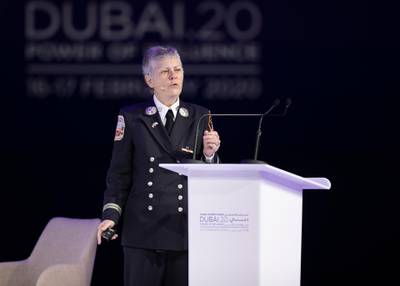 DUBAI, UNITED ARAB EMIRATES. 16 FEBRUARY 2020. 	SPEAKER:Captain Brenda Berkman, Pioneering female firefighter - USA, speaking at Global Women’s Forum Dubai.(Photo: Reem Mohammed/The National)Reporter:Section: