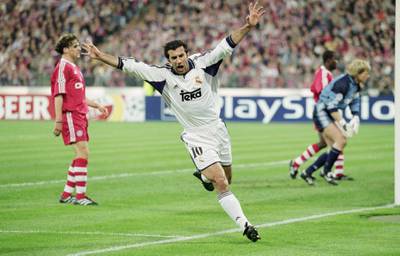 9 May 2001:  Luis Figo of Real Madrid celebrates scoring a goal during the UEFA Champions League Semi-final Second Leg between Bayern Munich and Real Madrid at the Olympic Stadium, Berlin, Germany.  Bayern Munich won the match 2 - 1. \ Mandatory Credit: Mike Hewitt /Allsport
