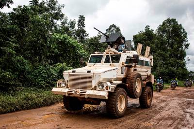 A military truck of the United Nations Organisation and Stabilisation Mission in the Democratic Republic of the Congo (MONUSCO) patrols on the road linking Beni to Mangina on August 23, 2018 in Beni, in the North Kivu province. - Sixty-one people have died in the latest outbreak of Ebola in the Democratic Republic of Congo (DRC), the authorities said, adding that four novel drugs had been added to the roster of treatments. The outbreak began on August 1 in Mangina, the epicentre of the outbreak in the North Kivu province, and cases have been reported in neighbouring Ituri province. It is the 10th outbreak to strike the DRC since 1976, when Ebola was first identified and named after a river in the north of the country. (Photo by John WESSELS / AFP)