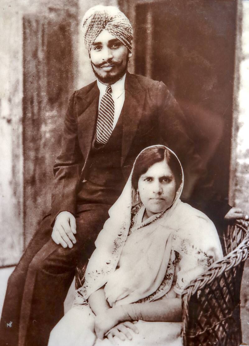 Narindra Singh Pujji's parents, Teja Singh Pujji and Gunwant Kaur, in Lyallpur, now Faisalabad, in Pakistan. Victor Besa / The National