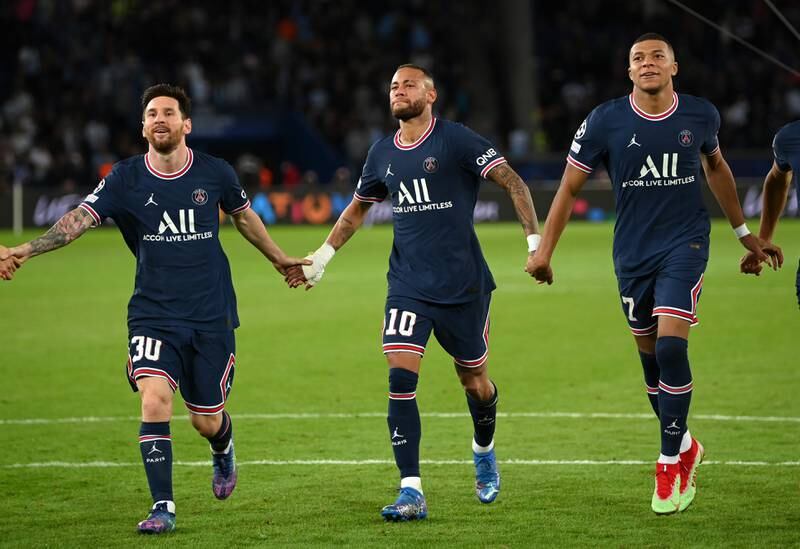 Lionel Messi, Neymar and Kylian Mbappe of Paris Saint-Germain celebrate after victory. Getty