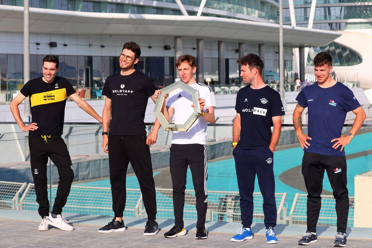 From left - Tom Dumoulin, Filippo Ganna, Tadej Pogacar, Mark Cavendish and Dylan Groenewegen ahead of the UAE Tour in Abu Dhabi. AFP