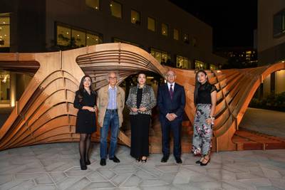 Maram Kassab, Christo, Huda Kanoo, WHO, and Mariam Ayoub in front of the 2018 Christo and Jeanne-Claude Award-winning pavilion 