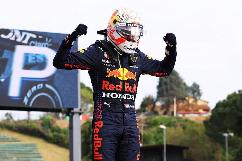 Race winner Max Verstappen of Red Bull Racing celebrates after winning the Emilia Romagna GP. Getty