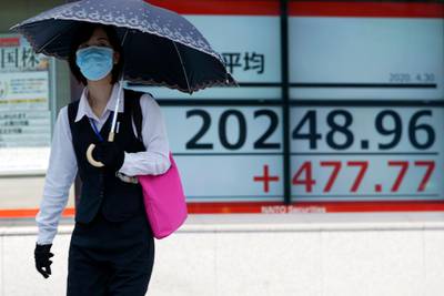 A woman walks past an electronic stock board showing Japan's Nikkei 225 index at a securities firm in Tokyo Thursday, April 30, 2020. Asian shares advanced on Thursday, riding a wave of optimism about a possible treatment for the coronavirus that set off a rally on Wall Street powerful enough to override data showing the U.S. economy had logged its worst quarterly performance since 2009. (AP Photo/Eugene Hoshiko)