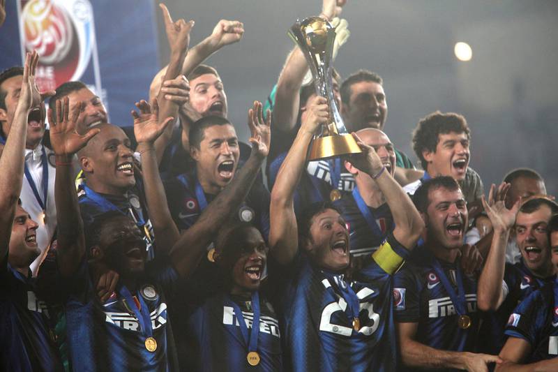 December 18, 2010/ Abu Dhabi /  Internazionale teammates celebrate after winning the Fifa Club World Cup game between Internazionale  and TP Mazembe Englebert in Abu Dhabi December 18, 2010. (Sammy Dallal / The National)