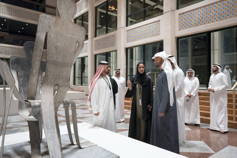 ABU DHABI, UNITED ARAB EMIRATES - December 05, 2018: HH Sheikh Mohamed bin Zayed Al Nahyan, Crown Prince of Abu Dhabi and Deputy Supreme Commander of the UAE Armed Forces (centre R), visits the cultural centre at the Qasr Al Hosn Festival.
( Ryan Carter / Ministry of Presidential Affairs )
---