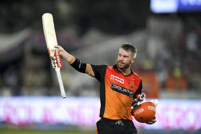 Sunrisers Hyderabad cricketer David Warner gestures as he walks back to the pavilion during the 2019 Indian Premier League (IPL) Twenty20 cricket match between Sunrisers Hyderabad and Kings XI Punjab at the Rajiv Gandhi International Cricket Stadium in Hyderabad on April 29, 2019. (Photo by NOAH SEELAM / AFP) / ----IMAGE RESTRICTED TO EDITORIAL USE - STRICTLY NO COMMERCIAL USE-----