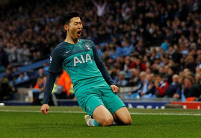 Tottenham Hotspur's South Korean striker Son Heung-min celebrates after scoring to make it 2-1 against Manchester City. AFP