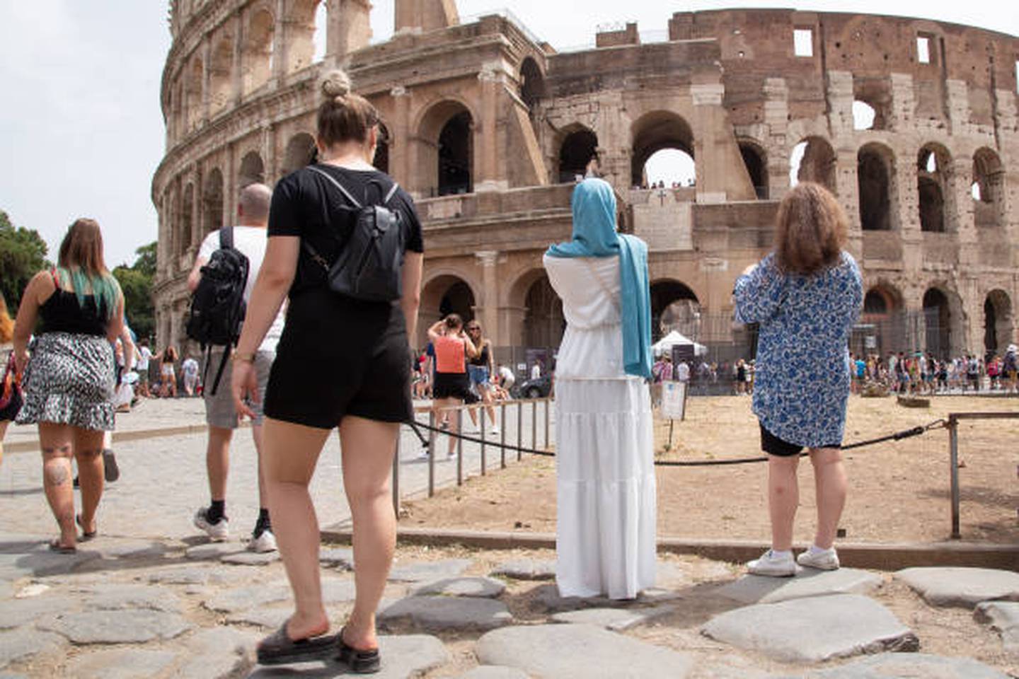 The revival in tourism was partly credited to good weather, with visitors seen here at the Colosseum in Rome. Getty 