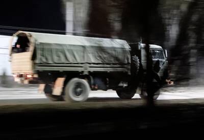 A military truck in Donetsk after Mr Putin ordered the deployment of Russian troops to the city. Reuters
